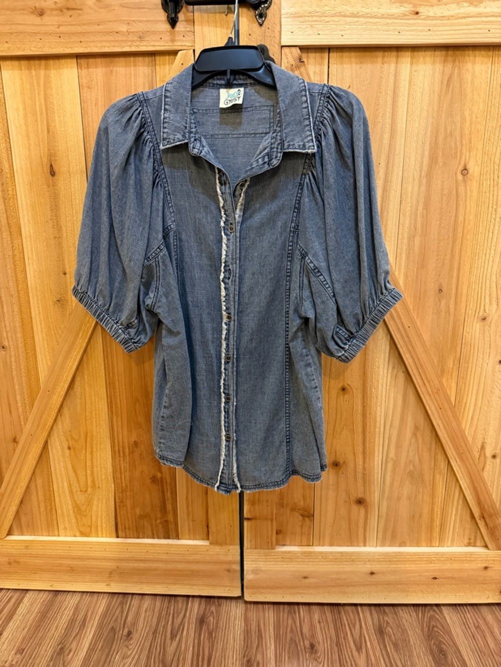 Retro-Style Washed Blue Denim Puff-Sleeve Button Down Shirt